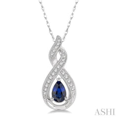 6x4 MM Entwined Pear Shape Sapphire and 1/10 Ctw Round Cut Diamond Precious Pendant With Chain in 10K White Gold 6x4 MM Entwined Pear Shape Sapphire and 1/10 Ctw Round Cut Diamond Precious Pendant With Chain in 10K White Gold