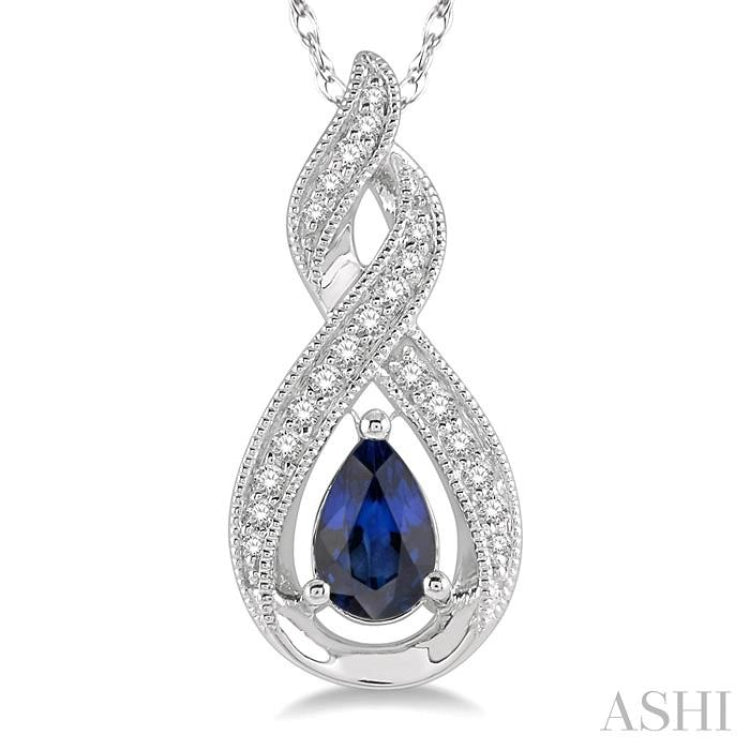 6x4 MM Entwined Pear Shape Sapphire and 1/10 Ctw Round Cut Diamond Precious Pendant With Chain in 10K White Gold 6x4 MM Entwined Pear Shape Sapphire and 1/10 Ctw Round Cut Diamond Precious Pendant With Chain in 10K White Gold