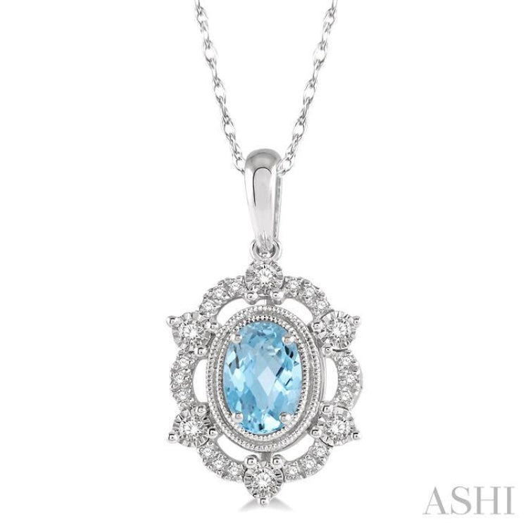 6x4 MM Oval Cut Aquamarine and 1/6 Ctw Round Cut Diamond Semi-Precious Pendant With Chain in 10K White Gold 6x4 MM Oval Cut Aquamarine and 1/6 Ctw Round Cut Diamond Semi-Precious Pendant With Chain in 10K White Gold
