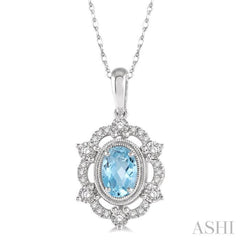 6x4 MM Oval Cut Aquamarine and 1/6 Ctw Round Cut Diamond Semi-Precious Pendant With Chain in 10K White Gold 6x4 MM Oval Cut Aquamarine and 1/6 Ctw Round Cut Diamond Semi-Precious Pendant With Chain in 10K White Gold