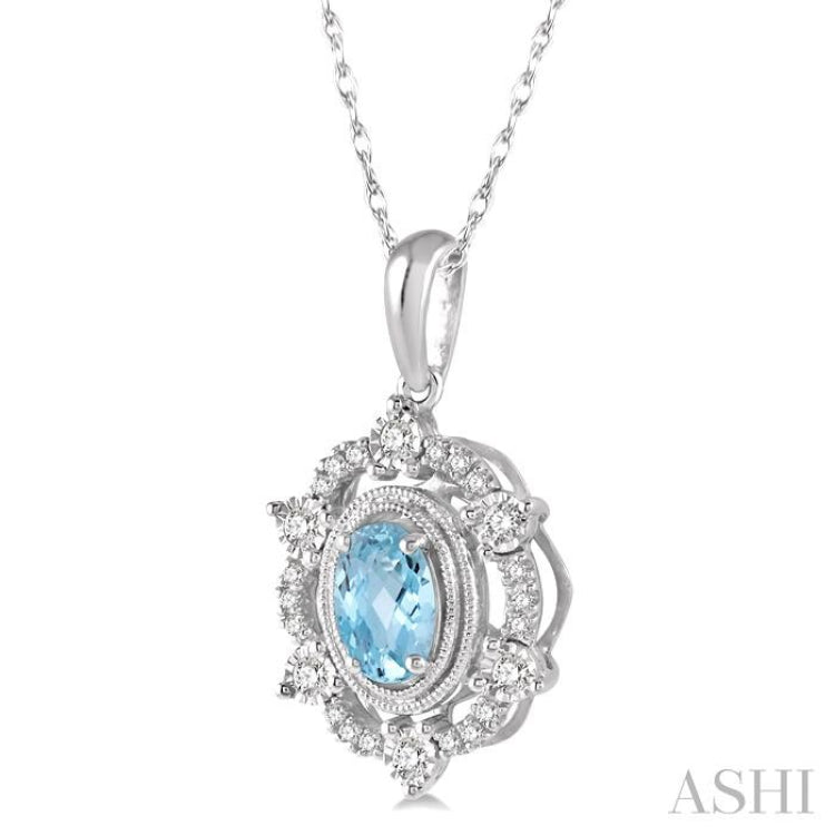 6x4 MM Oval Cut Aquamarine and 1/6 Ctw Round Cut Diamond Semi-Precious Pendant With Chain in 10K White Gold 6x4 MM Oval Cut Aquamarine and 1/6 Ctw Round Cut Diamond Semi-Precious Pendant With Chain in 10K White Gold