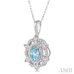 6x4 MM Oval Cut Aquamarine and 1/6 Ctw Round Cut Diamond Semi-Precious Pendant With Chain in 10K White Gold 6x4 MM Oval Cut Aquamarine and 1/6 Ctw Round Cut Diamond Semi-Precious Pendant With Chain in 10K White Gold