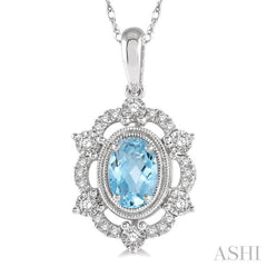 6x4 MM Oval Cut Aquamarine and 1/6 Ctw Round Cut Diamond Semi-Precious Pendant With Chain in 10K White Gold 6x4 MM Oval Cut Aquamarine and 1/6 Ctw Round Cut Diamond Semi-Precious Pendant With Chain in 10K White Gold