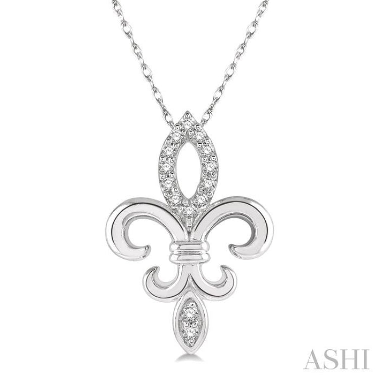 1/10 Ctw Fleur De Lis Round Cut Diamond Pendant With Chain in 10K White Gold 1/10 Ctw Fleur De Lis Round Cut Diamond Pendant With Chain in 10K White Gold