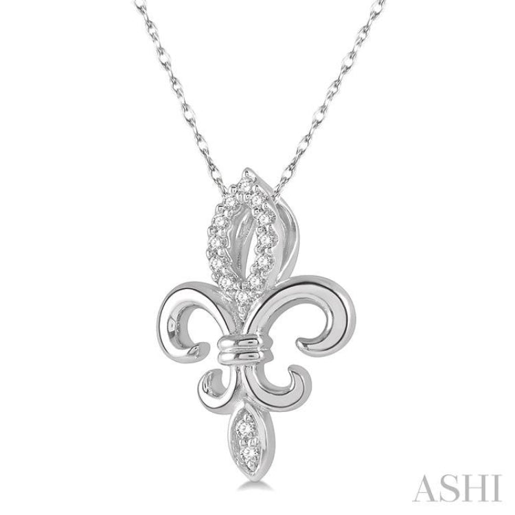 1/10 Ctw Fleur De Lis Round Cut Diamond Pendant With Chain in 10K White Gold 1/10 Ctw Fleur De Lis Round Cut Diamond Pendant With Chain in 10K White Gold