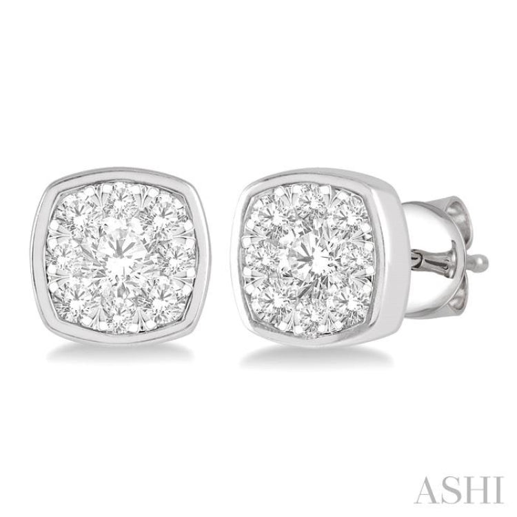 1/2 Ctw Cushion Shape Round Cut Diamond Lovebright Bezel Stud Earring in 14K White Gold 1/2 Ctw Cushion Shape Round Cut Diamond Lovebright Bezel Stud Earring in 14K White Gold