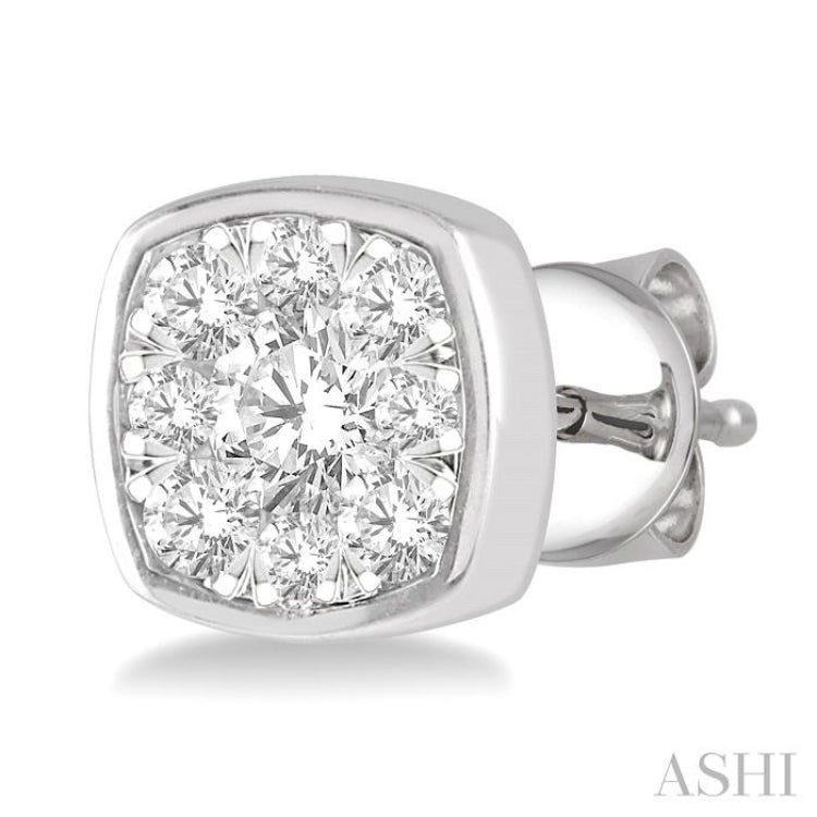 1/2 Ctw Cushion Shape Round Cut Diamond Lovebright Bezel Stud Earring in 14K White Gold 1/2 Ctw Cushion Shape Round Cut Diamond Lovebright Bezel Stud Earring in 14K White Gold