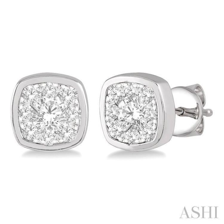 1/3 Ctw Cushion Shape Round Cut Diamond Lovebright Bezel Stud Earring in 14K White Gold 1/3 Ctw Cushion Shape Round Cut Diamond Lovebright Bezel Stud Earring in 14K White Gold