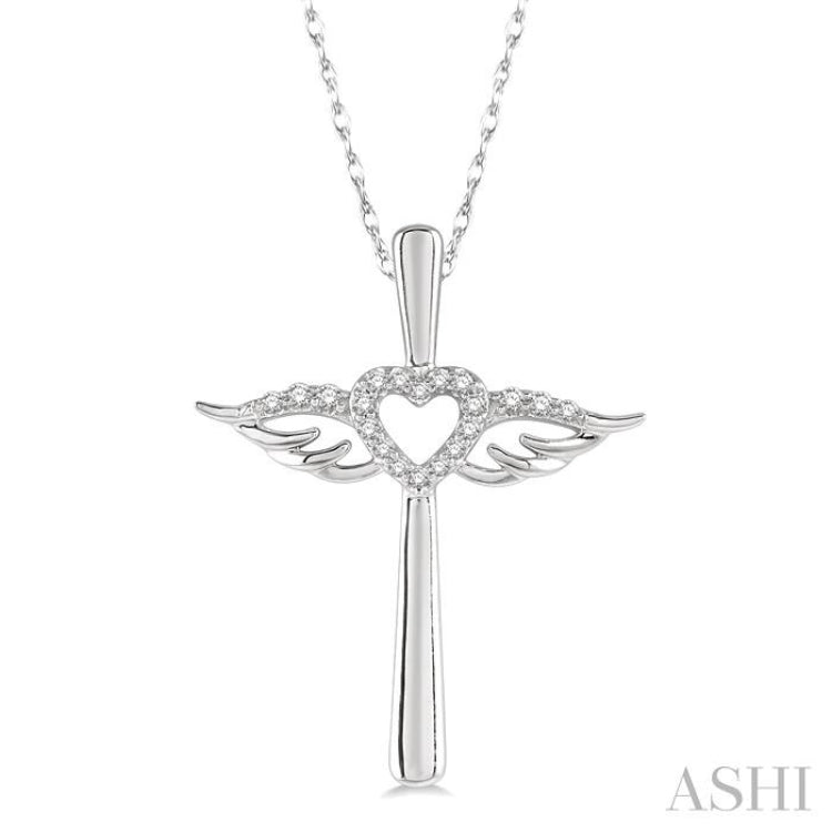 1/10 Ctw Angel Wing & Heart Round Cut Diamond Cross Pendant With Chain in 10K White Gold 1/10 Ctw Angel Wing & Heart Round Cut Diamond Cross Pendant With Chain in 10K White Gold