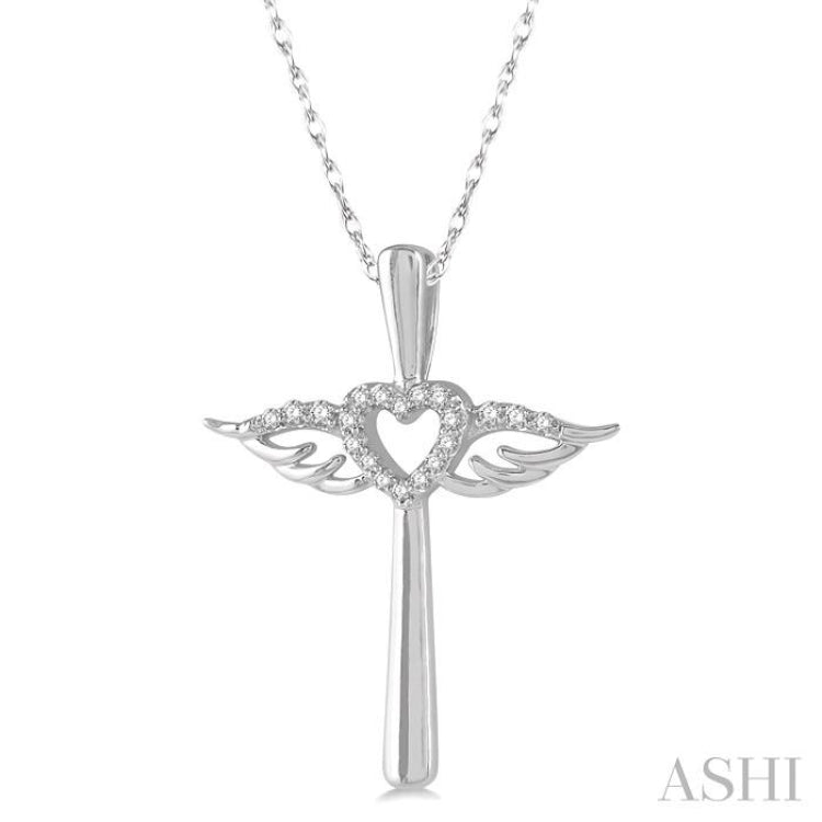 1/10 Ctw Angel Wing & Heart Round Cut Diamond Cross Pendant With Chain in 10K White Gold 1/10 Ctw Angel Wing & Heart Round Cut Diamond Cross Pendant With Chain in 10K White Gold