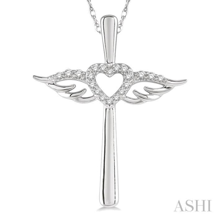 1/10 Ctw Angel Wing & Heart Round Cut Diamond Cross Pendant With Chain in 10K White Gold 1/10 Ctw Angel Wing & Heart Round Cut Diamond Cross Pendant With Chain in 10K White Gold