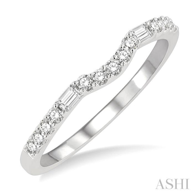 1/4 Ctw Curved Center Baguette and Round Cut Diamond Wedding Band in 14K White Gold 1/4 Ctw Curved Center Baguette and Round Cut Diamond Wedding Band in 14K White Gold