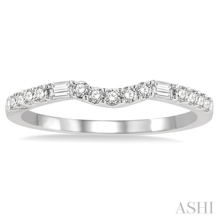 1/4 Ctw Curved Center Baguette and Round Cut Diamond Wedding Band in 14K White Gold 1/4 Ctw Curved Center Baguette and Round Cut Diamond Wedding Band in 14K White Gold