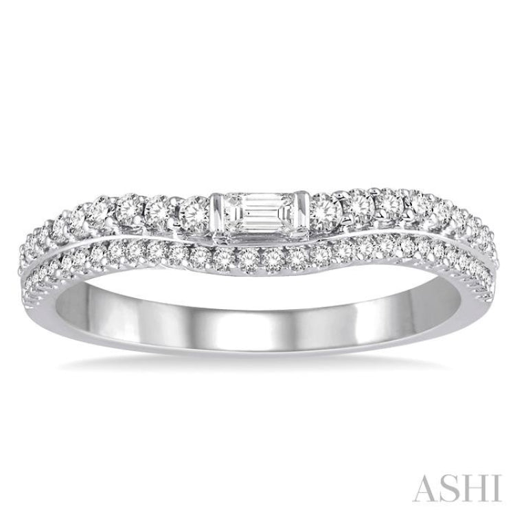 1/3 Ctw Step Shank Baguette Center Round Cut Diamond Wedding Band in 14K White Gold 1/3 Ctw Step Shank Baguette Center Round Cut Diamond Wedding Band in 14K White Gold