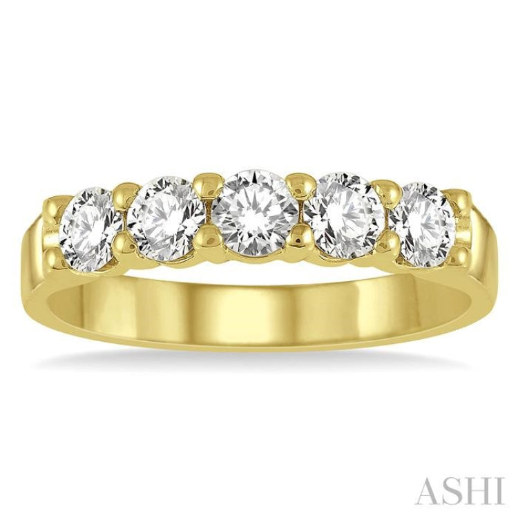 3/4 ctw 5 Stone Round Cut Diamond Wedding Band in 14K Yellow Gold 3/4 ctw 5 Stone Round Cut Diamond Wedding Band in 14K Yellow Gold