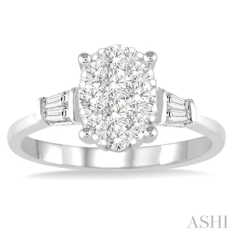 5/8 Ctw Oval Shape Lovebright Baguette and Round Cut Diamond Cluster Ring in 14K White Gold 5/8 Ctw Oval Shape Lovebright Baguette and Round Cut Diamond Cluster Ring in 14K White Gold