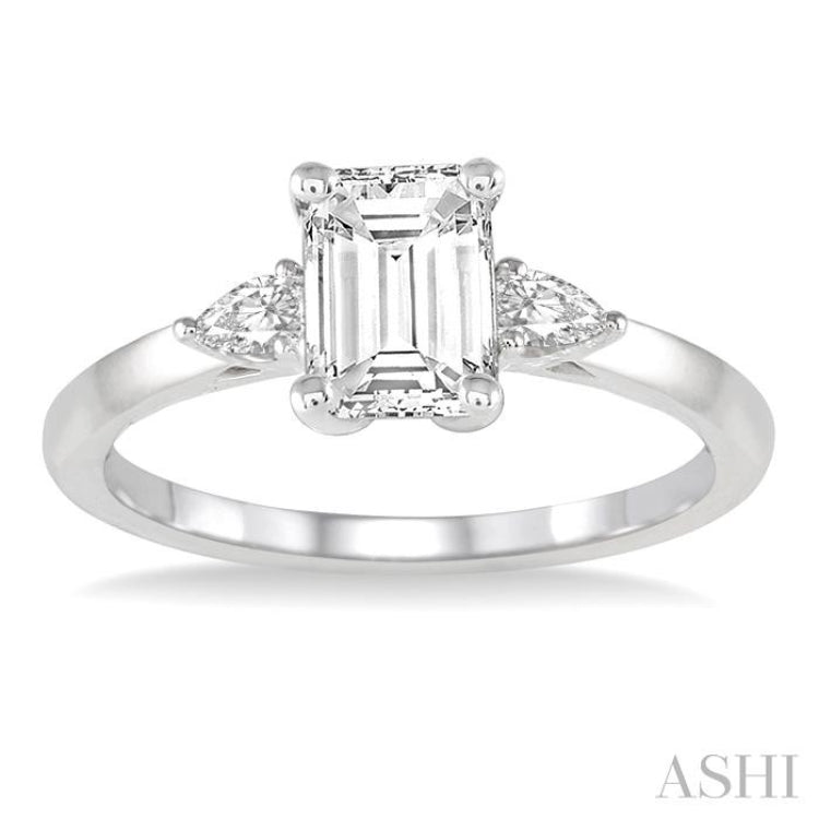 3/4 Ctw Octagon Emerald and Pear Cut Diamond Ladies Engagement Ring with 1/2 Ct Emerald Cut Center Stone in 14K White Gold 3/4 Ctw Octagon Emerald and Pear Cut Diamond Ladies Engagement Ring with 1/2 Ct Emerald Cut Center Stone in 14K White Gold