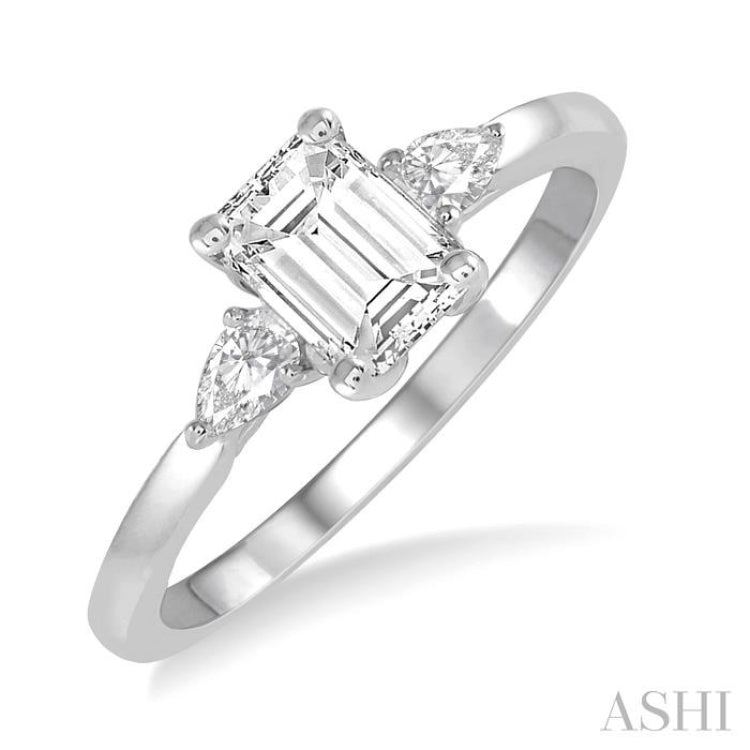 1/2 Ctw Octagon Emerald and Pear Cut Diamond Ladies Engagement Ring with 1/3 Ct Emerald Cut Center Stone in 14K White Gold 1/2 Ctw Octagon Emerald and Pear Cut Diamond Ladies Engagement Ring with 1/3 Ct Emerald Cut Center Stone in 14K White Gold