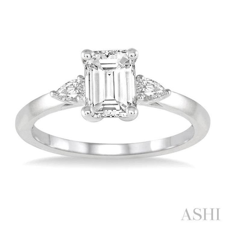 1/2 Ctw Octagon Emerald and Pear Cut Diamond Ladies Engagement Ring with 1/3 Ct Emerald Cut Center Stone in 14K White Gold 1/2 Ctw Octagon Emerald and Pear Cut Diamond Ladies Engagement Ring with 1/3 Ct Emerald Cut Center Stone in 14K White Gold