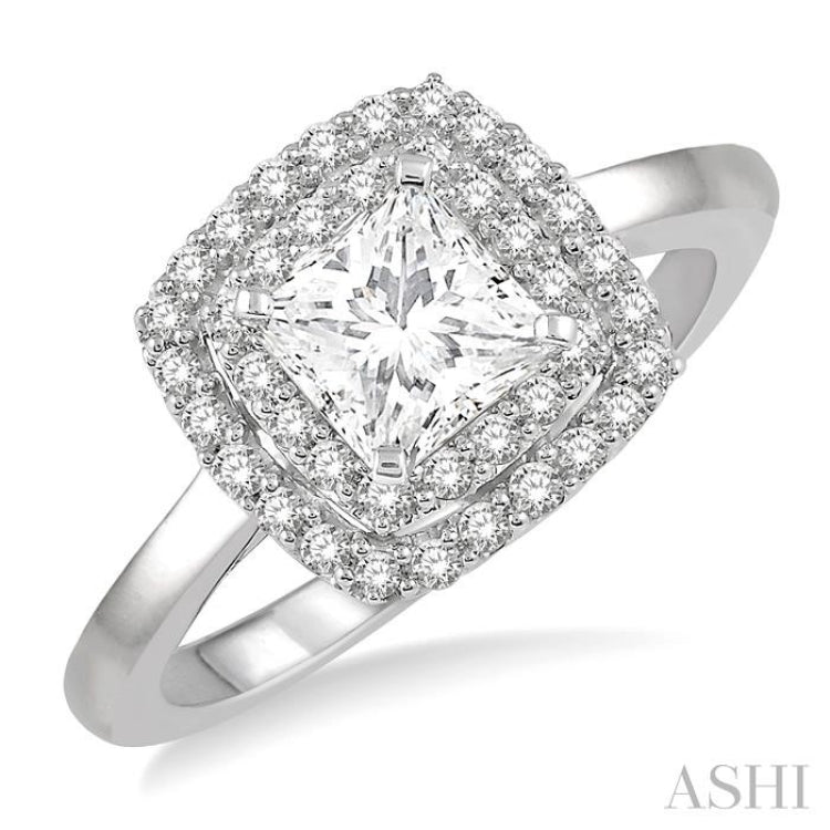 3/4 Ctw Princess & Halo Round Cut Diamond Ladies Engagement Ring With 1/2 Ct Princess Cut Center Stone in 14K White Gold 3/4 Ctw Princess & Halo Round Cut Diamond Ladies Engagement Ring With 1/2 Ct Princess Cut Center Stone in 14K White Gold