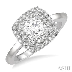 3/4 Ctw Princess & Halo Round Cut Diamond Ladies Engagement Ring With 1/2 Ct Princess Cut Center Stone in 14K White Gold 3/4 Ctw Princess & Halo Round Cut Diamond Ladies Engagement Ring With 1/2 Ct Princess Cut Center Stone in 14K White Gold