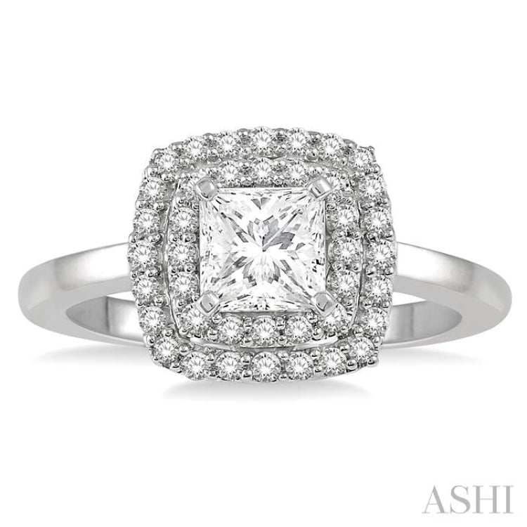 3/4 Ctw Princess & Halo Round Cut Diamond Ladies Engagement Ring With 1/2 Ct Princess Cut Center Stone in 14K White Gold 3/4 Ctw Princess & Halo Round Cut Diamond Ladies Engagement Ring With 1/2 Ct Princess Cut Center Stone in 14K White Gold