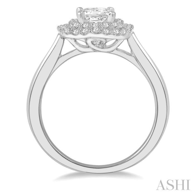 3/4 Ctw Princess & Halo Round Cut Diamond Ladies Engagement Ring With 1/2 Ct Princess Cut Center Stone in 14K White Gold 3/4 Ctw Princess & Halo Round Cut Diamond Ladies Engagement Ring With 1/2 Ct Princess Cut Center Stone in 14K White Gold