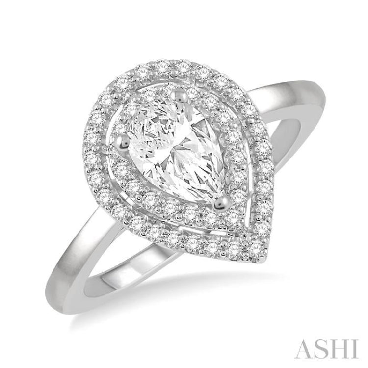 3/4 ctw Round Cut Diamond Twin Border 1/2 ct Pear Cut Center Stone Ladies Engagement Ring in 14K White Gold 3/4 ctw Round Cut Diamond Twin Border 1/2 ct Pear Cut Center Stone Ladies Engagement Ring in 14K White Gold