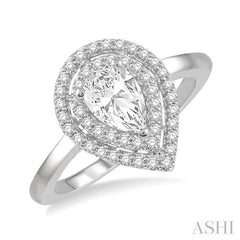 3/4 ctw Round Cut Diamond Twin Border 1/2 ct Pear Cut Center Stone Ladies Engagement Ring in 14K White Gold 3/4 ctw Round Cut Diamond Twin Border 1/2 ct Pear Cut Center Stone Ladies Engagement Ring in 14K White Gold