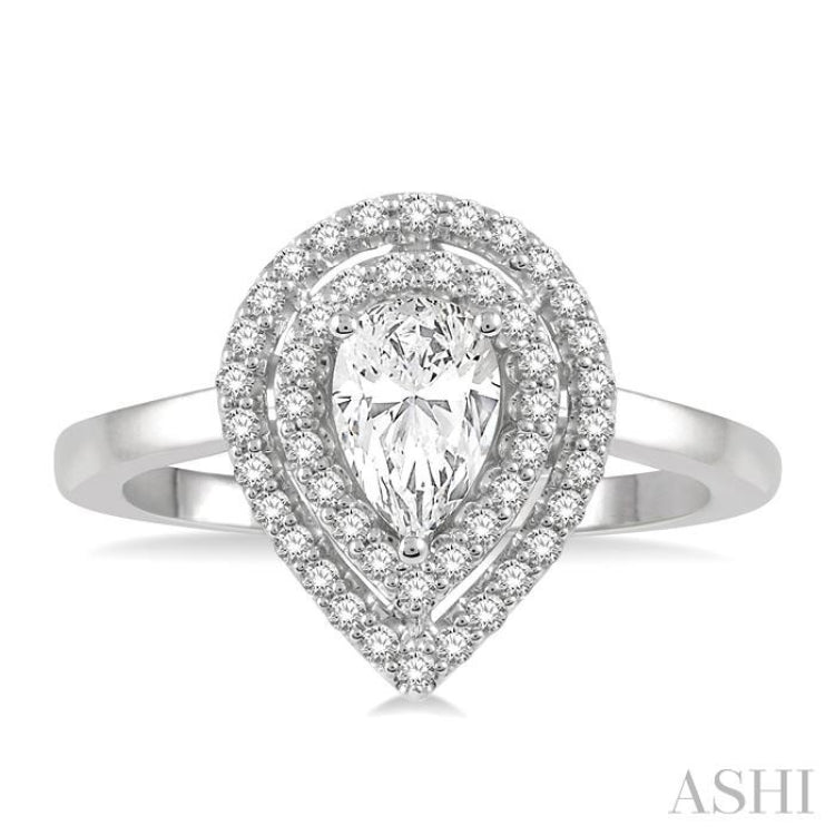 3/4 ctw Round Cut Diamond Twin Border 1/2 ct Pear Cut Center Stone Ladies Engagement Ring in 14K White Gold 3/4 ctw Round Cut Diamond Twin Border 1/2 ct Pear Cut Center Stone Ladies Engagement Ring in 14K White Gold