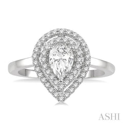 3/4 ctw Round Cut Diamond Twin Border 1/2 ct Pear Cut Center Stone Ladies Engagement Ring in 14K White Gold 3/4 ctw Round Cut Diamond Twin Border 1/2 ct Pear Cut Center Stone Ladies Engagement Ring in 14K White Gold