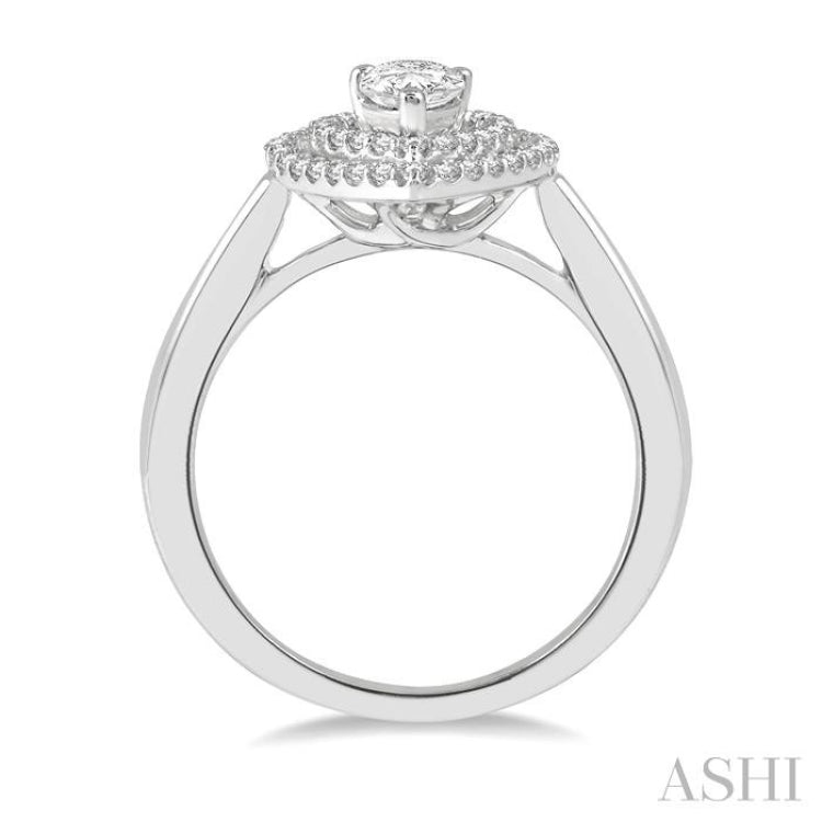 3/4 ctw Round Cut Diamond Twin Border 1/2 ct Pear Cut Center Stone Ladies Engagement Ring in 14K White Gold 3/4 ctw Round Cut Diamond Twin Border 1/2 ct Pear Cut Center Stone Ladies Engagement Ring in 14K White Gold