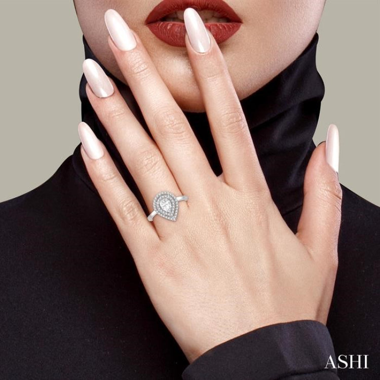 3/4 ctw Round Cut Diamond Twin Border 1/2 ct Pear Cut Center Stone Ladies Engagement Ring in 14K White Gold 3/4 ctw Round Cut Diamond Twin Border 1/2 ct Pear Cut Center Stone Ladies Engagement Ring in 14K White Gold