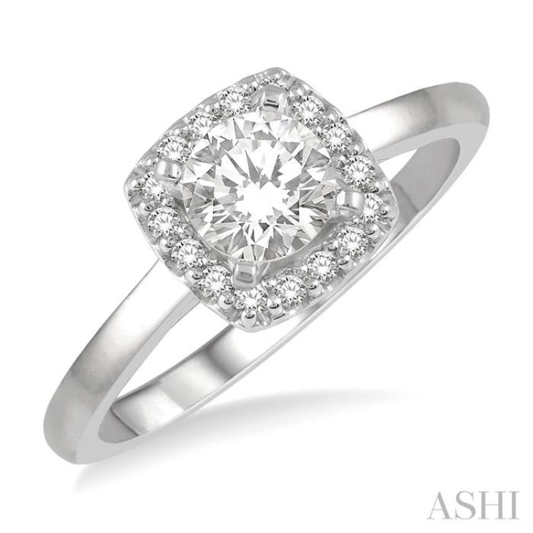 1/3 Ctw Cushion Shape Halo Diamond Engagement Ring With 1/4 Ct Round Cut Diamond Center Stone in 14K White Gold 1/3 Ctw Cushion Shape Halo Diamond Engagement Ring With 1/4 Ct Round Cut Diamond Center Stone in 14K White Gold