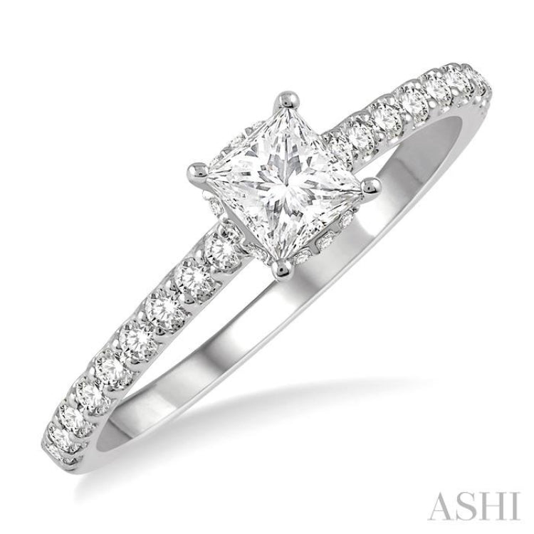 1/2 ctw Round Cut Diamond Engagement Ring With 1/4 ct Princess Cut Center Stone in 14K White Gold 1/2 ctw Round Cut Diamond Engagement Ring With 1/4 ct Princess Cut Center Stone in 14K White Gold
