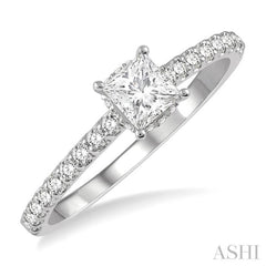 1/2 ctw Round Cut Diamond Engagement Ring With 1/4 ct Princess Cut Center Stone in 14K White Gold 1/2 ctw Round Cut Diamond Engagement Ring With 1/4 ct Princess Cut Center Stone in 14K White Gold