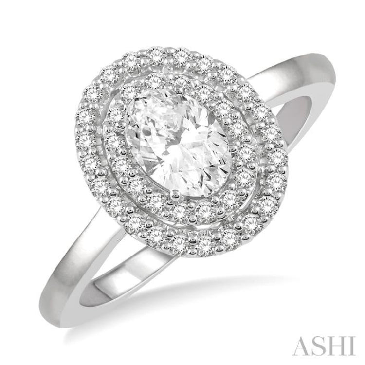 1/2 ctw Oval Cut Center Stone and Round Cut Diamond 1/3 ctw Ladies Engagement Ring in 14K White Gold 1/2 ctw Oval Cut Center Stone and Round Cut Diamond 1/3 ctw Ladies Engagement Ring in 14K White Gold