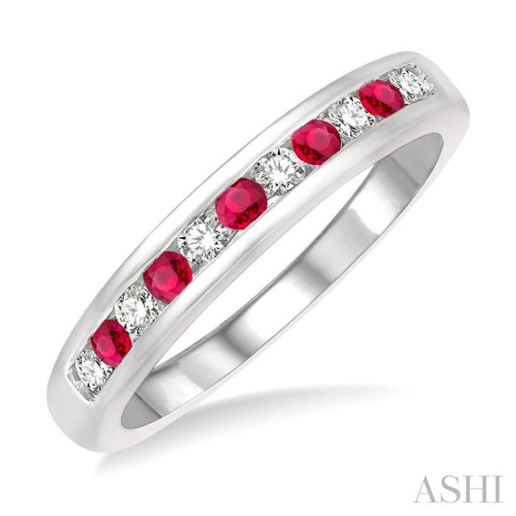 2 MM Ruby and 1/5 Ctw Round Cut Diamond Precious Wedding Band in 14K White Gold 2 MM Ruby and 1/5 Ctw Round Cut Diamond Precious Wedding Band in 14K White Gold