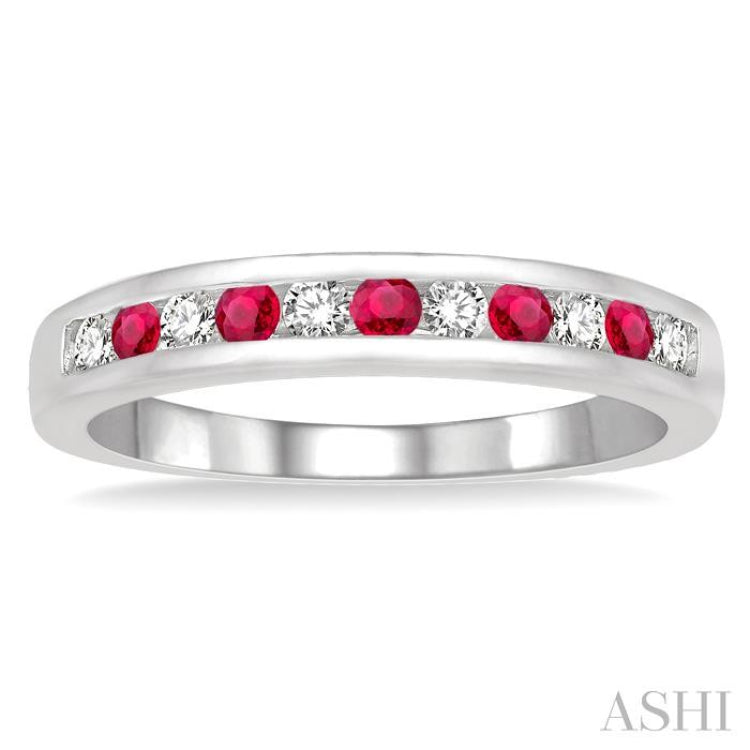 2 MM Ruby and 1/5 Ctw Round Cut Diamond Precious Wedding Band in 14K White Gold 2 MM Ruby and 1/5 Ctw Round Cut Diamond Precious Wedding Band in 14K White Gold
