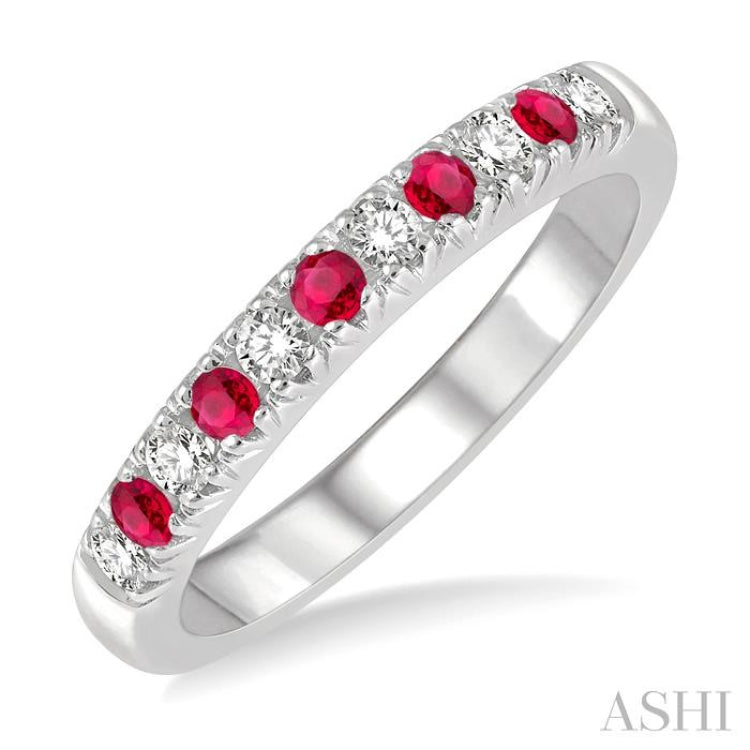 2 MM Ruby and 1/5 Ctw Round Cut Diamond Precious Wedding Band in 14K White Gold 2 MM Ruby and 1/5 Ctw Round Cut Diamond Precious Wedding Band in 14K White Gold