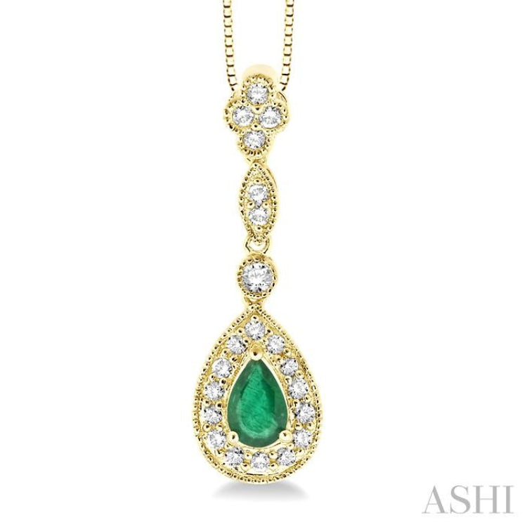 6x4 MM Pear Shape Emerald and 1/4 Ctw Round Cut Diamond Pendant in 14K Yellow Gold with Chain 6x4 MM Pear Shape Emerald and 1/4 Ctw Round Cut Diamond Pendant in 14K Yellow Gold with Chain