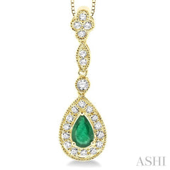 6x4 MM Pear Shape Emerald and 1/4 Ctw Round Cut Diamond Pendant in 14K Yellow Gold with Chain 6x4 MM Pear Shape Emerald and 1/4 Ctw Round Cut Diamond Pendant in 14K Yellow Gold with Chain