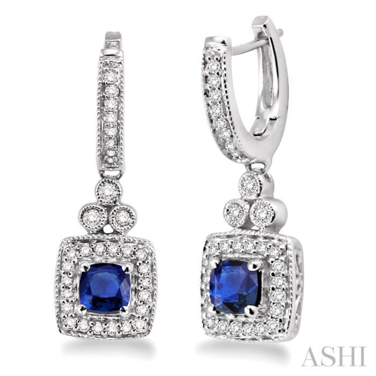 4x4 MM Cushion Shape Sapphire and 1/3 Ctw Round Cut Diamond Earrings in 14K White Gold 4x4 MM Cushion Shape Sapphire and 1/3 Ctw Round Cut Diamond Earrings in 14K White Gold