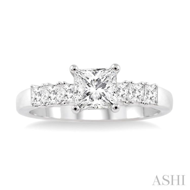 1 ctw Diamond Engagement Ring with 5/8 ct Princess Cut Center Stone in 14K White Gold 1 ctw Diamond Engagement Ring with 5/8 ct Princess Cut Center Stone in 14K White Gold