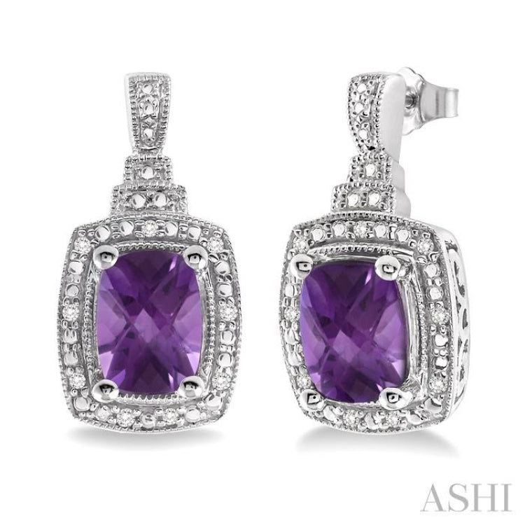 8x6 MM Cushion Shape Amethyst and 1/10 ctw Single Cut Diamond Earrings in Sterling Silver 8x6 MM Cushion Shape Amethyst and 1/10 ctw Single Cut Diamond Earrings in Sterling Silver