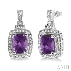 8x6 MM Cushion Shape Amethyst and 1/10 ctw Single Cut Diamond Earrings in Sterling Silver 8x6 MM Cushion Shape Amethyst and 1/10 ctw Single Cut Diamond Earrings in Sterling Silver