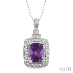 9x7 MM Cushion Shape Amethyst and 1/10 Ctw Single Cut Diamond Pendant in Sterling Silver with Chain 9x7 MM Cushion Shape Amethyst and 1/10 Ctw Single Cut Diamond Pendant in Sterling Silver with Chain