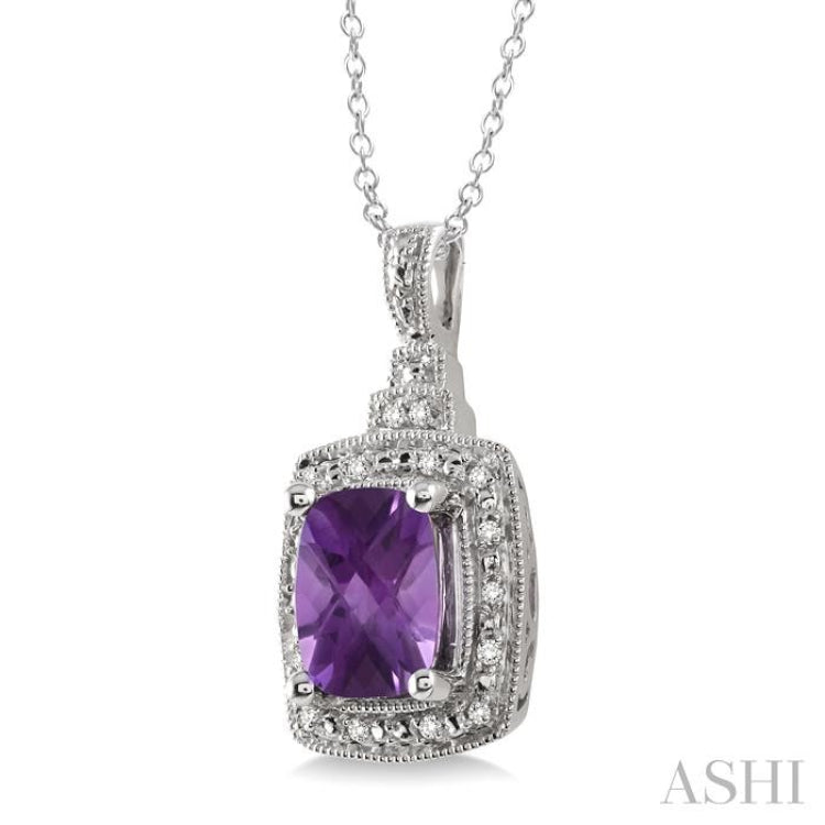 9x7 MM Cushion Shape Amethyst and 1/10 Ctw Single Cut Diamond Pendant in Sterling Silver with Chain 9x7 MM Cushion Shape Amethyst and 1/10 Ctw Single Cut Diamond Pendant in Sterling Silver with Chain