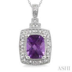 9x7 MM Cushion Shape Amethyst and 1/10 Ctw Single Cut Diamond Pendant in Sterling Silver with Chain 9x7 MM Cushion Shape Amethyst and 1/10 Ctw Single Cut Diamond Pendant in Sterling Silver with Chain