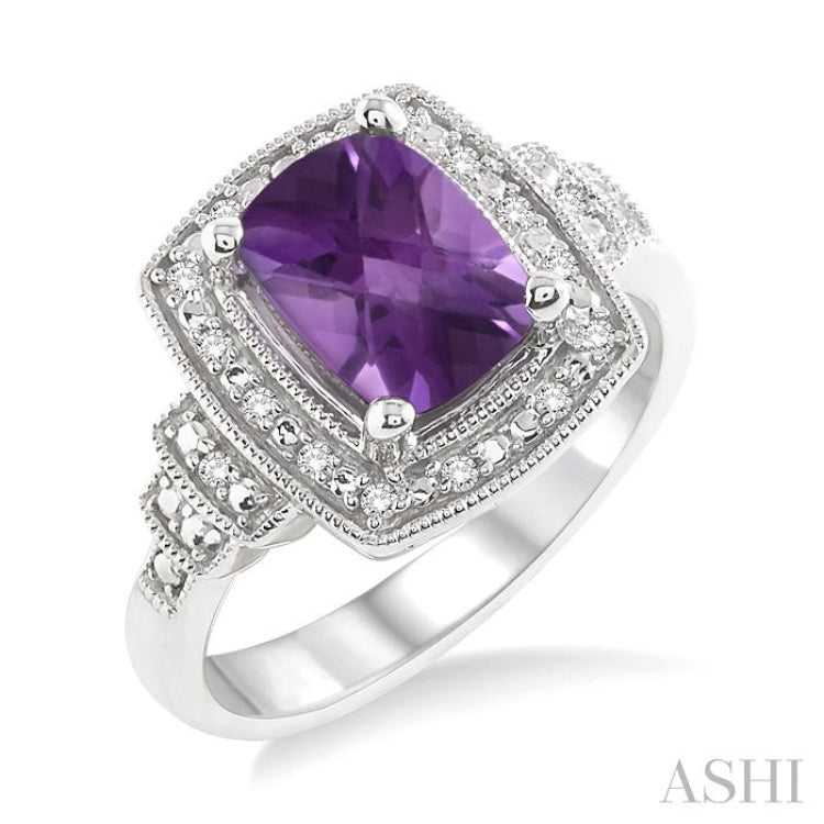 9x7 MM Cushion Shape Amethyst and 1/10 Ctw Single Cut Diamond Ring in Sterling Silver 9x7 MM Cushion Shape Amethyst and 1/10 Ctw Single Cut Diamond Ring in Sterling Silver